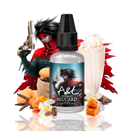 Frasco A&L Ultimate Alucard con tapón negro, rodeado de un personaje ilustrado, un batido, caramelos y flores de vainilla.