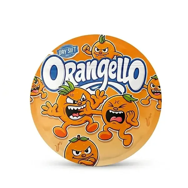 Envase circular naranja de Orangello con el texto Dry Sift y dibujos de naranjas con brazos, piernas y expresiones enfadadas.