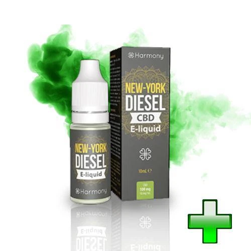 Frasco y caja de e-líquido New York Diesel CBD Harmony, con una nube verde de fondo y una cruz verde en la esquina inferior.