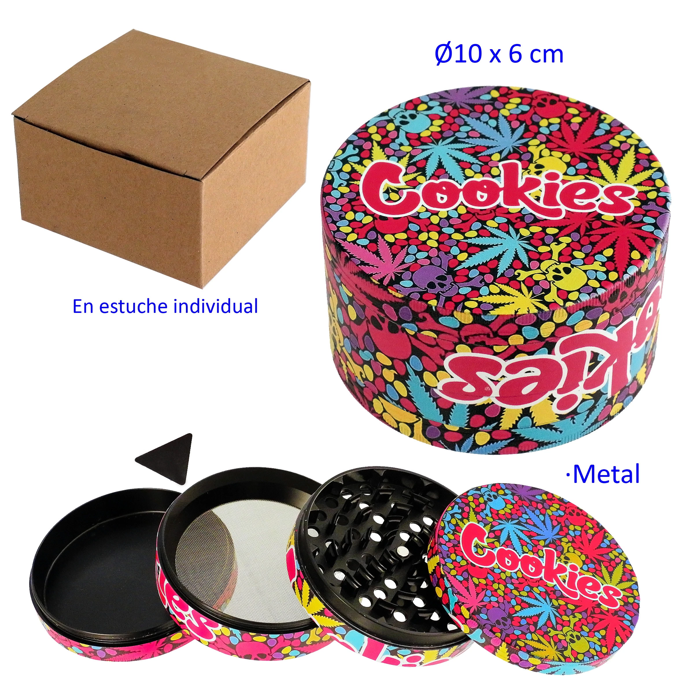 Grinder metálico Cookies de 10 cm de diámetro, con motivos multicolores, mostrado cerrado y desmontado junto a su caja individual.