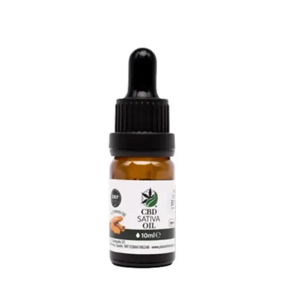 Frasco ámbar de CBD Oil Plant of Remedy Cúrcuma con cuentagotas negro y etiqueta blanca de 10 ml, sobre fondo blanco.
