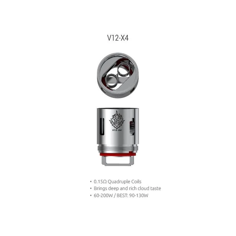Resistencia V12 X4 Smoktech en vistas superior y lateral, con cuerpo plateado, junta roja y especificaciones de potencia.