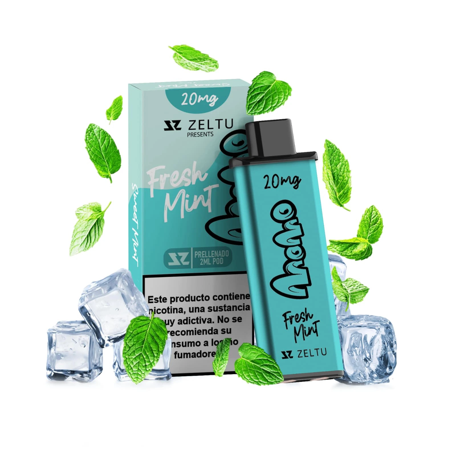 Pod Momo Fresh Mint para Zeltu, de color turquesa y marcado 20 mg, junto a su caja, rodeado de hojas de menta y cubitos de hielo.