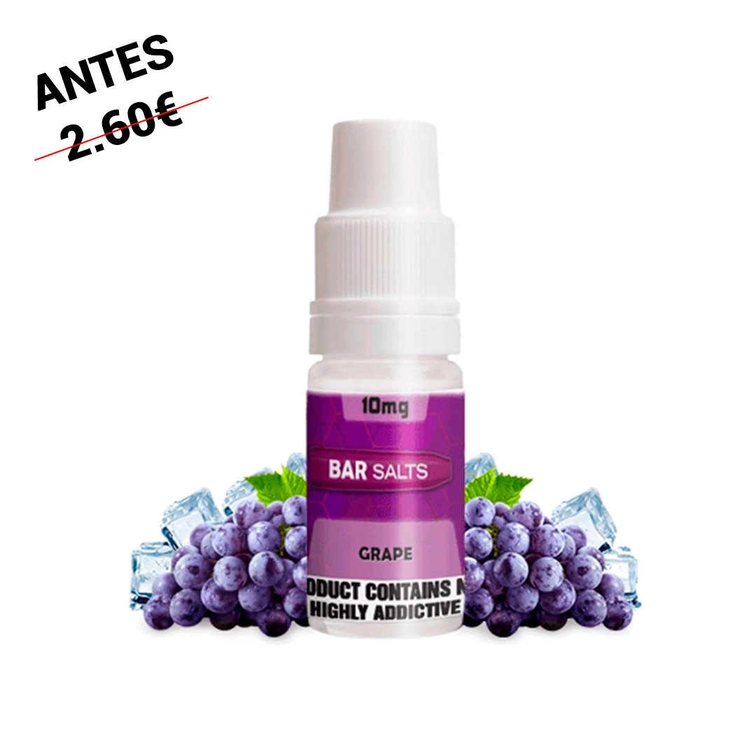 Frasco Bar Salts Grape con tapón blanco y etiqueta morada marcada 10 mg, acompañado de racimos de uvas y cubitos de hielo.