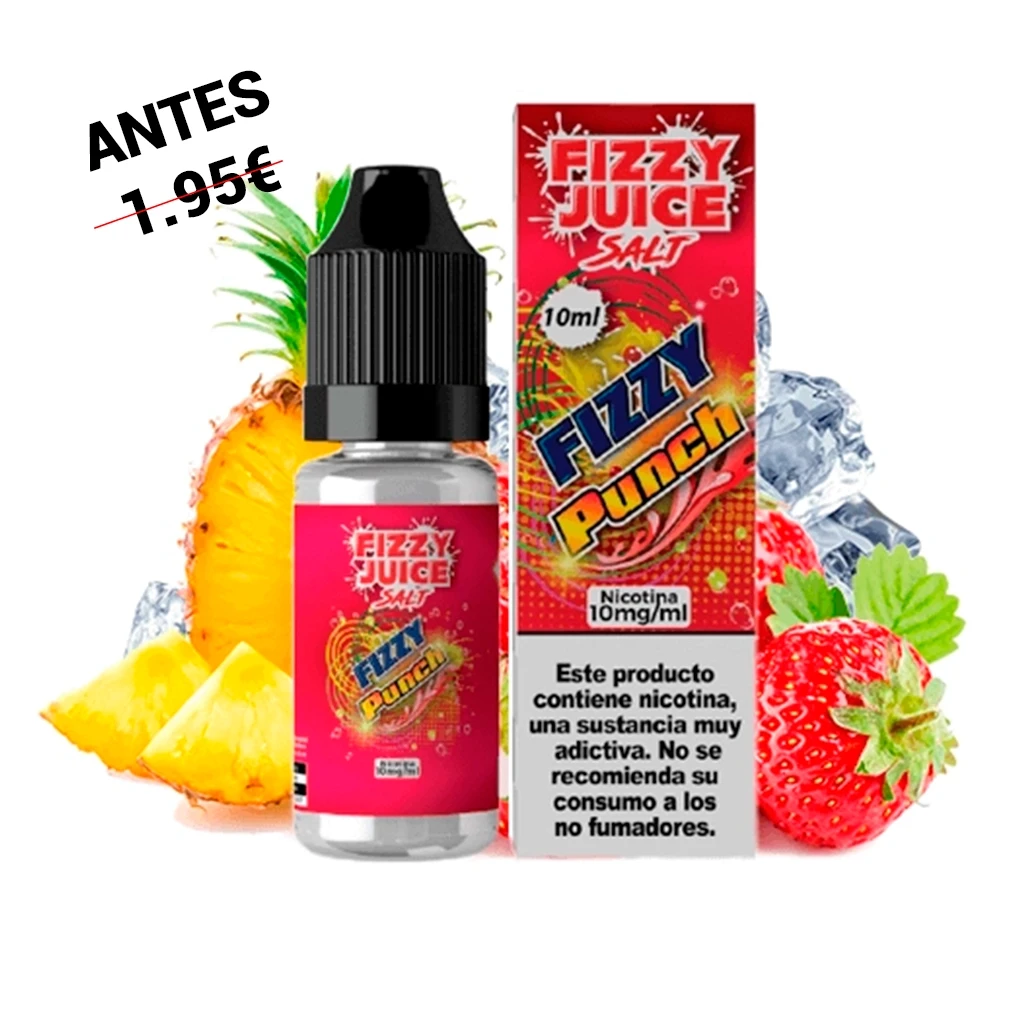 Frasco y caja rojos de Fizzy Juice Salts Punch, con etiqueta de 10 mg/ml, rodeados de piña, fresas y cubitos de hielo.