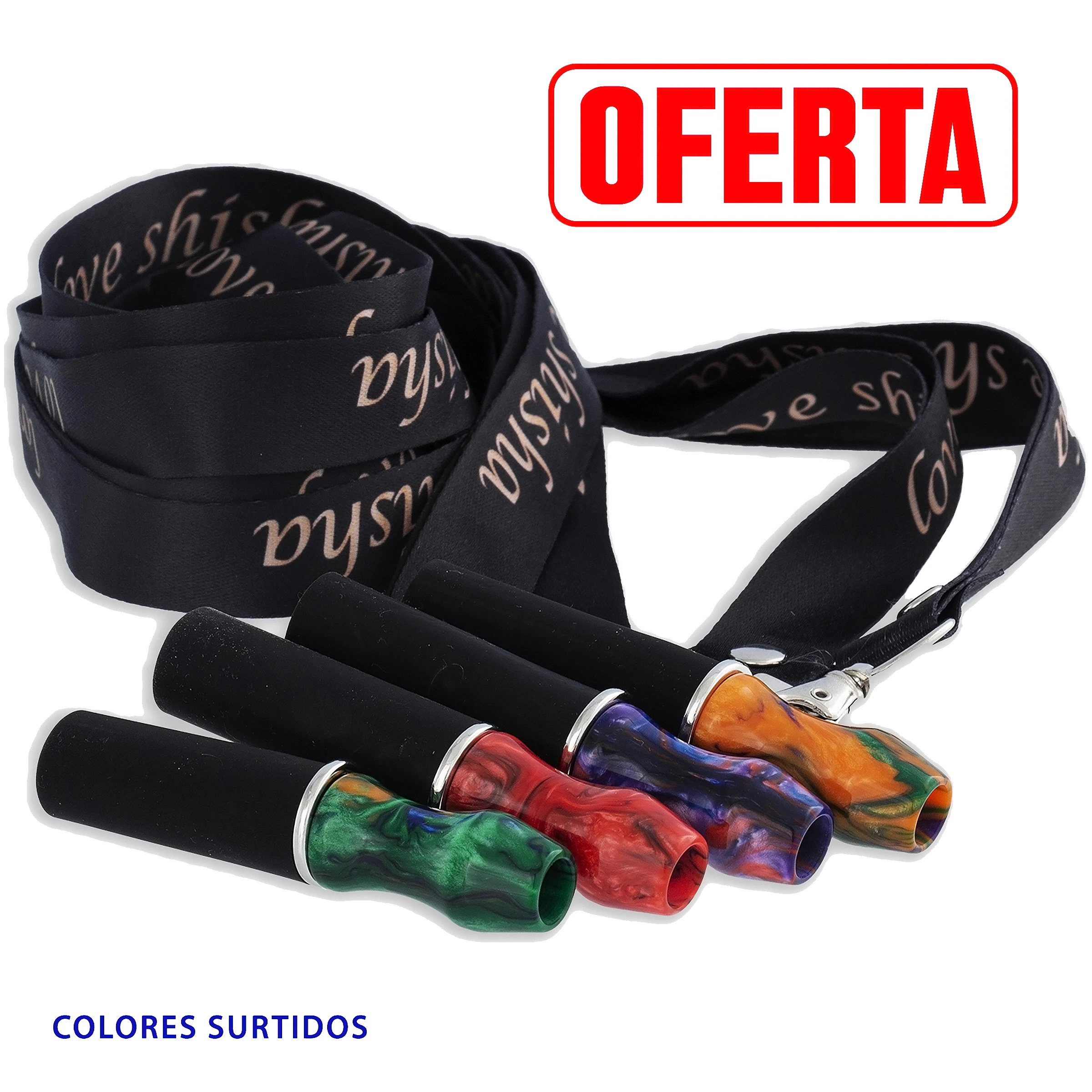 Boquillas para shisha con cuerpos negros, extremos de aspecto marmoleado en varios colores y cintas negras con mosquetones. Boquillas para shisha con cuerpos negros, extremos de aspecto marmoleado en varios colores y cintas negras con mosquetones.