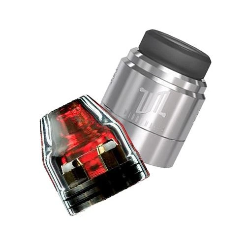 Campana Trinity Glass Bullet transparente con interior rojo, junto a un atomizador plateado con boquilla negra, sobre fondo blanco.
