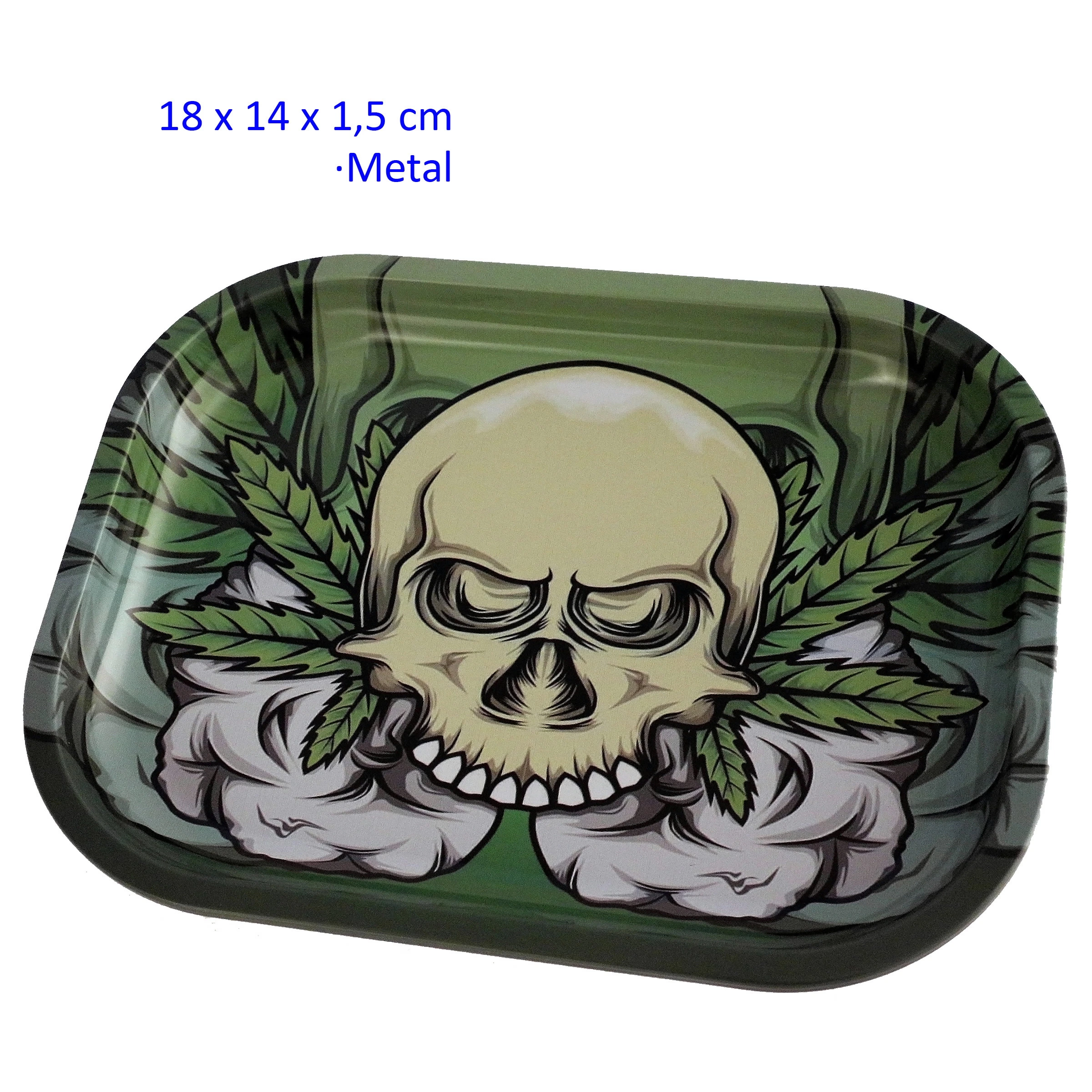 Bandeja para liar de 18 × 14 cm con bordes redondeados y una calavera central entre hojas verdes y volutas grises.