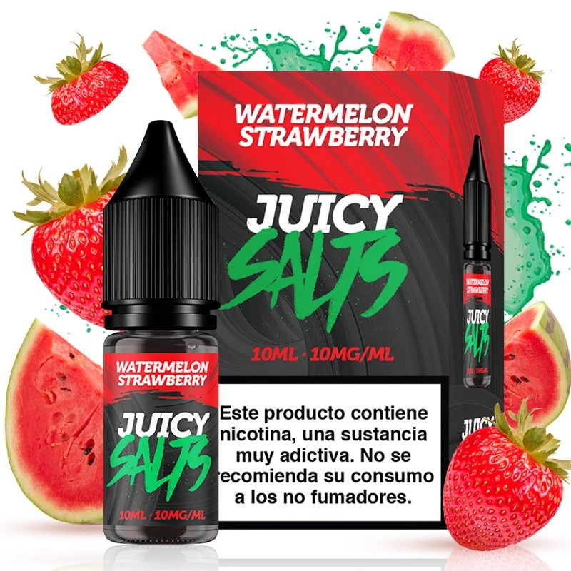 Frasco y caja de Watermelon Strawberry de Juicy Salts, con etiqueta de 10 ml y 10 mg/ml, rodeados de fresas y trozos de sandía.
