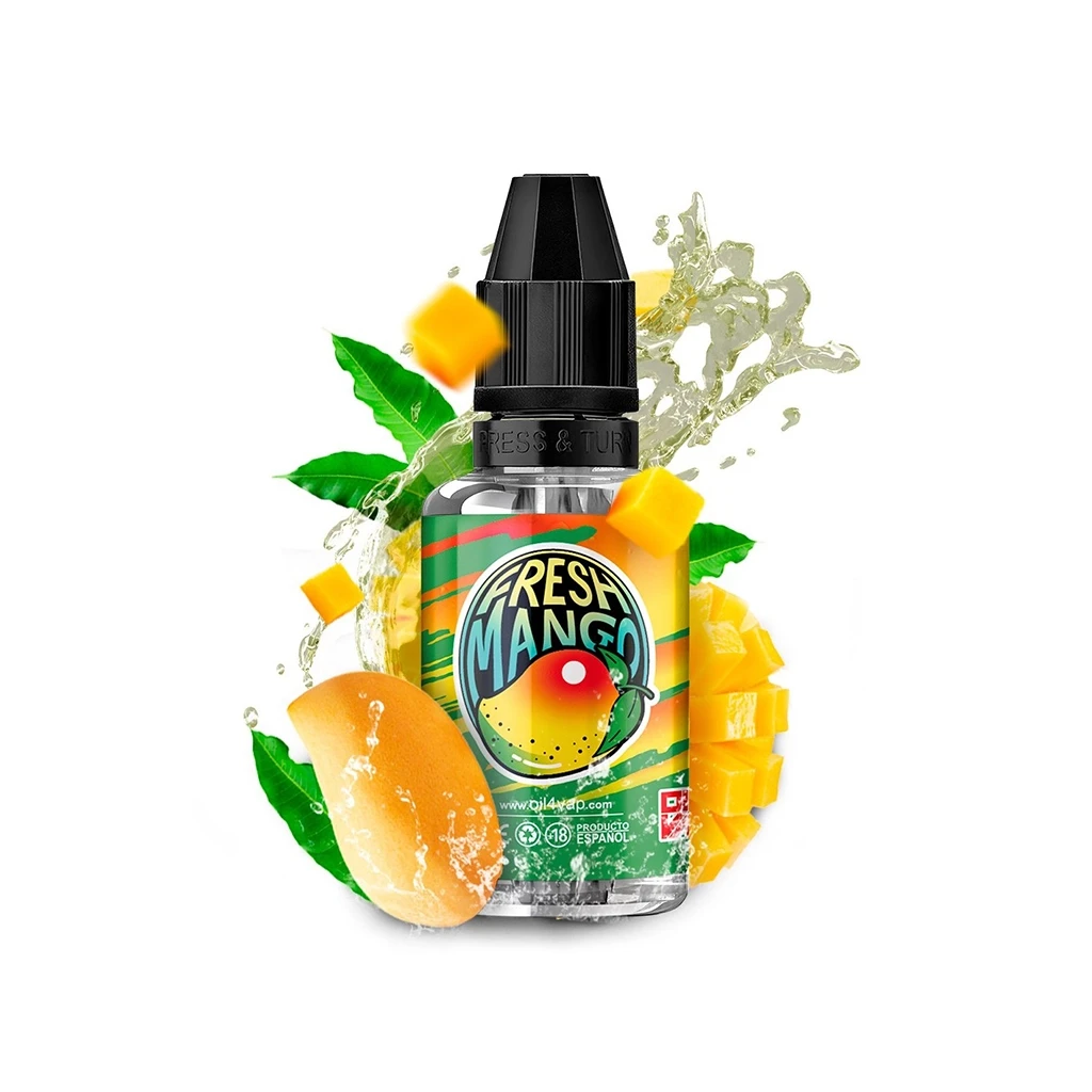Frasco Oil4Vap Fresh Mango Longfill con tapón negro y etiqueta multicolor, rodeado de trozos de mango, hojas verdes y salpicaduras.