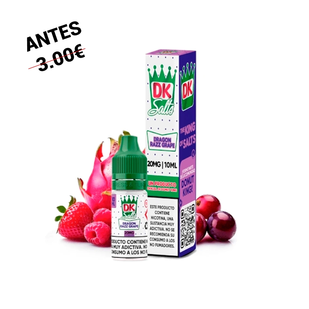 Frasco de Donut King Salts Dragon Razz con tapón verde y caja blanca y morada, rodeados de pitahaya, fresas, frambuesas y uvas.