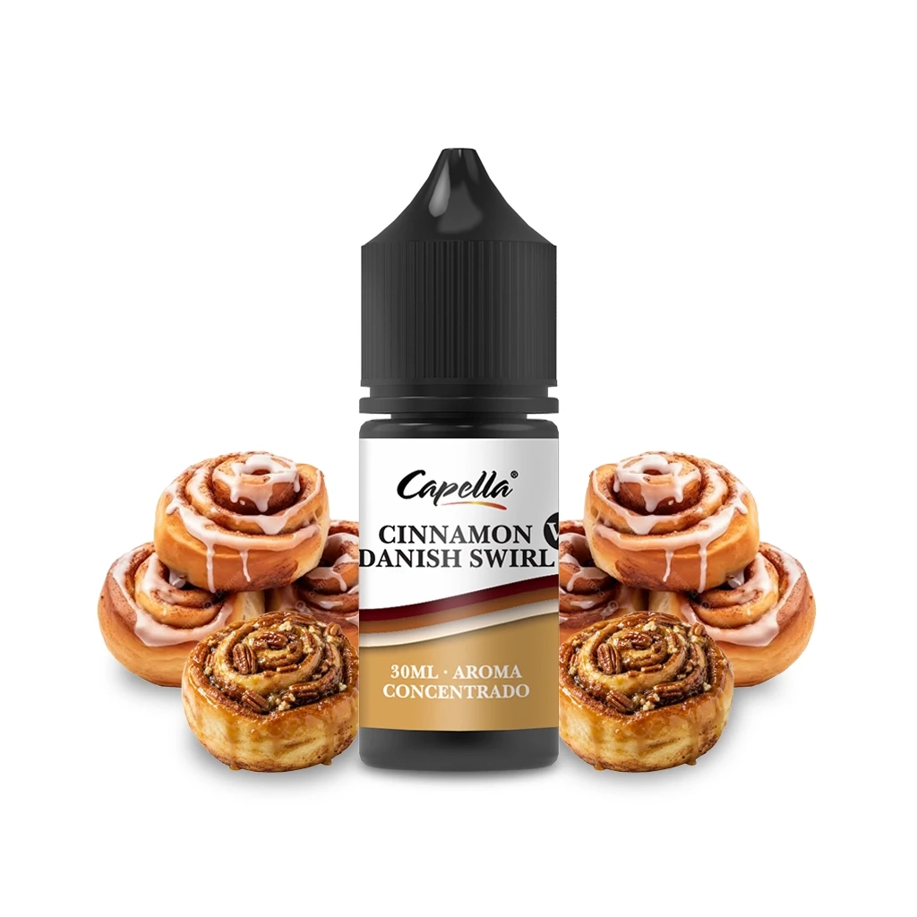 Frasco de aroma Capella Cinnamon Danish Swirl V2 de 30 ml, con tapón negro, rodeado de rollos de canela con distintos acabados.
