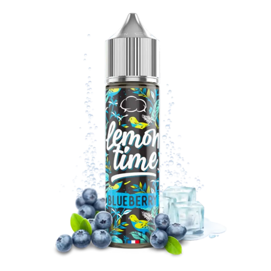 Frasco Lemon Time Blueberry con tapón plateado y etiqueta de motivos tropicales, rodeado de arándanos y cubitos de hielo sobre fondo negro.