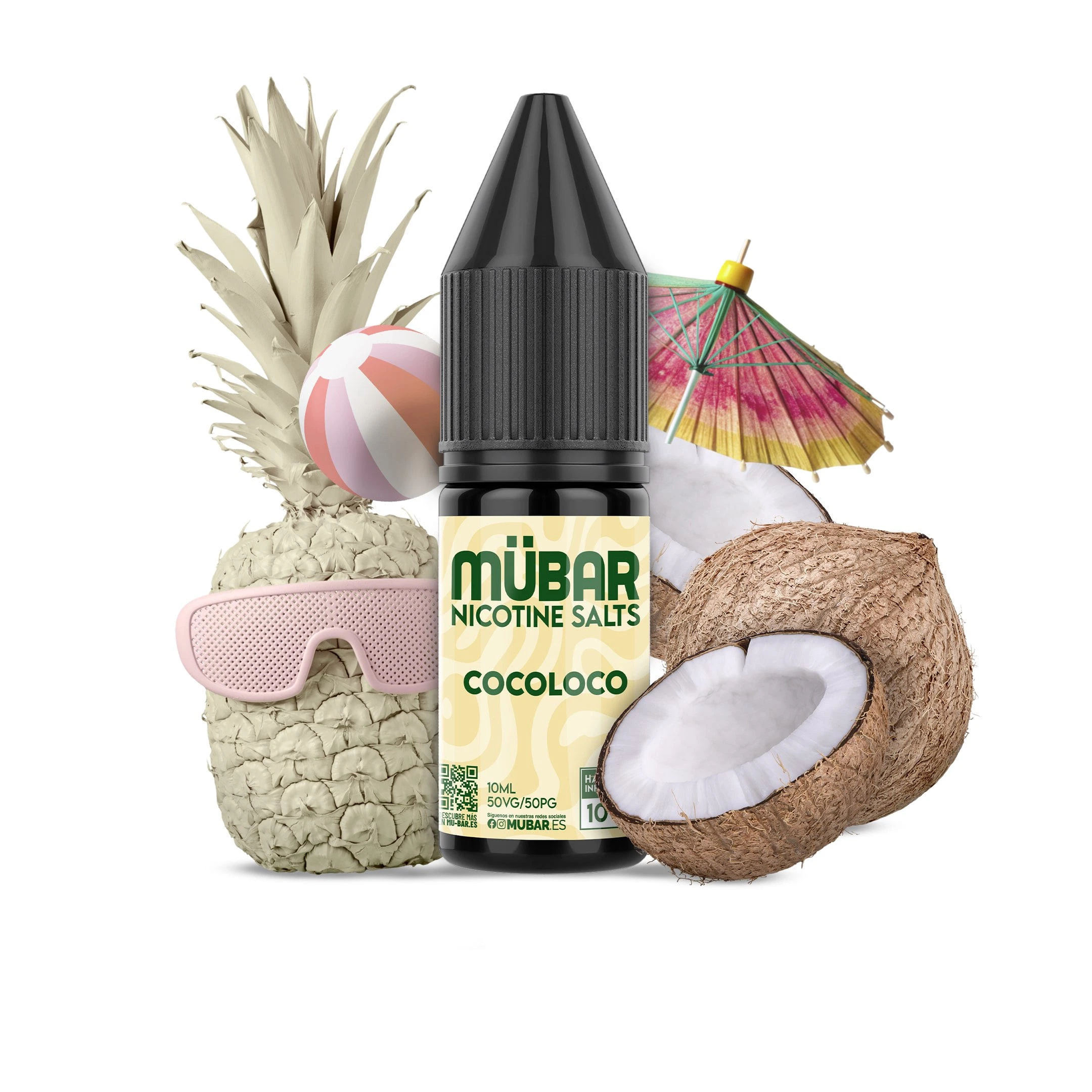 Frasco de MÜBAR Nicotine Salts Cocoloco con tapón negro, rodeado de cocos, una piña con gafas rosas y una sombrilla de papel.