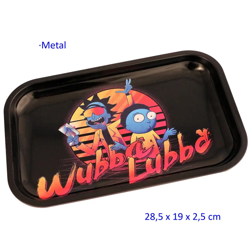 Bandeja negra para liar, rectangular con bordes elevados y esquinas redondeadas, decorada con Rick y Morty y el texto «Wubba Lubba».