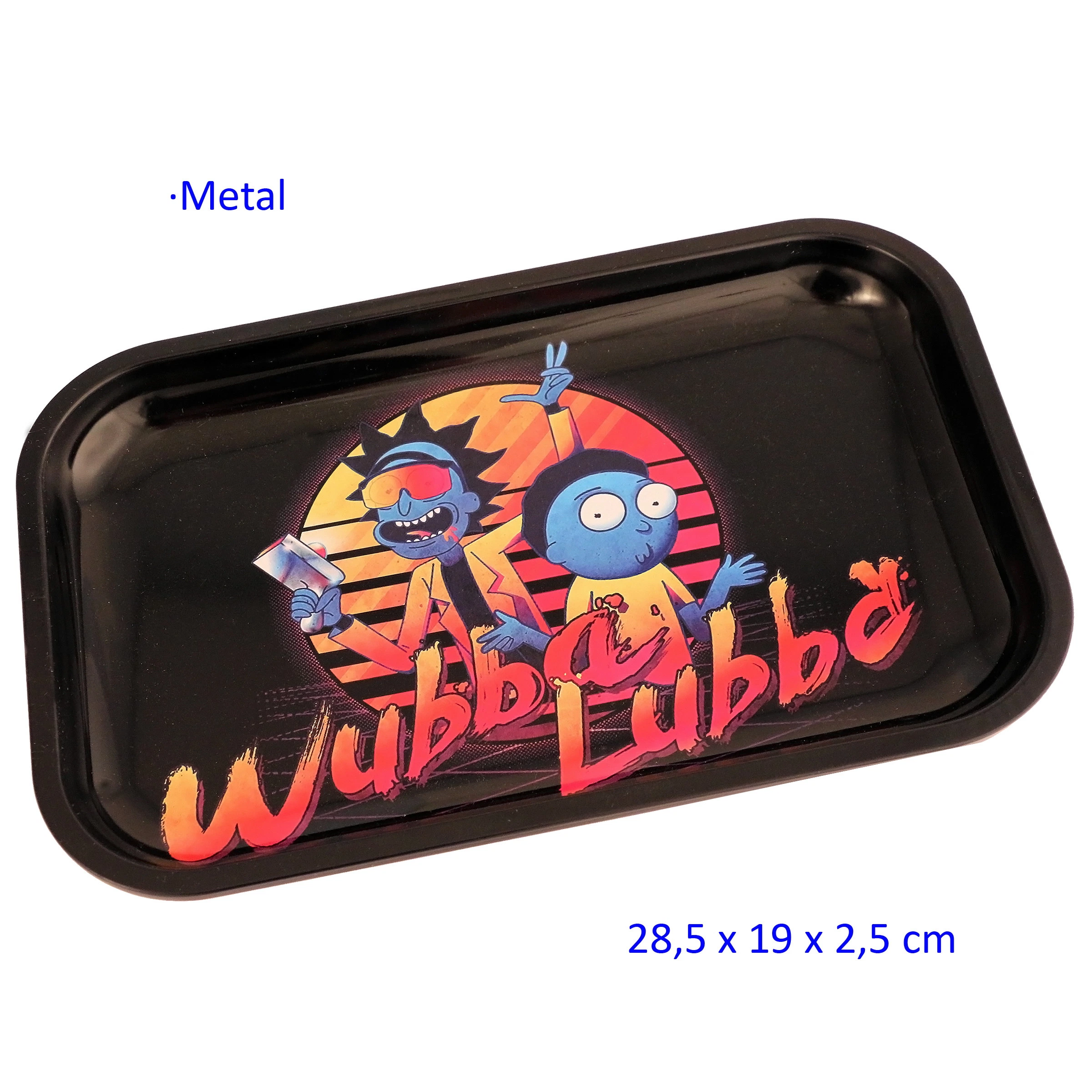 Bandeja negra para liar, rectangular con bordes elevados y esquinas redondeadas, decorada con Rick y Morty y el texto «Wubba Lubba».