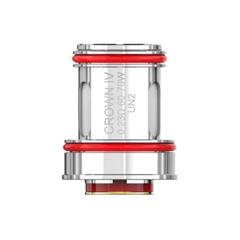 Resistencia Uwell Crown IV UN2 plateada, con juntas rojas, aberturas laterales y la inscripción de 0,23 Ω y 60–70 W.