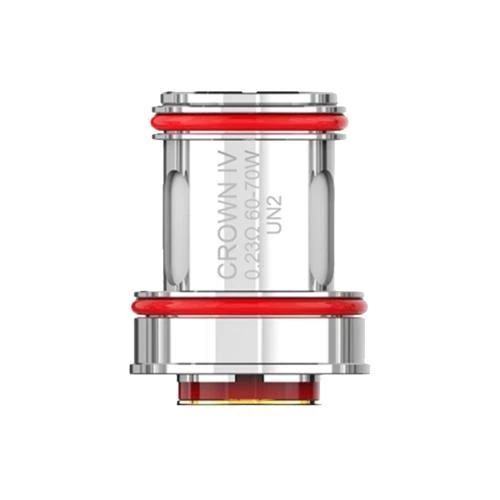 Resistencia Uwell Crown IV Meshed UN2 sobre fondo blanco, con cuerpo plateado, juntas rojas y grabado lateral de 0,23 ohmios y 60–70 W.