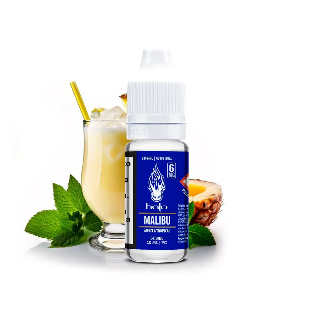 Frasco de Halo Malibu con etiqueta azul de 6 mg/ml y tapón blanco, junto a una bebida con hielo, piña y hojas de menta.
