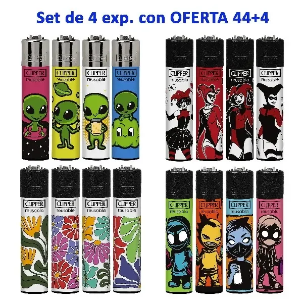 Selección de mecheros Clipper con diseños de extraterrestres, personajes en rojo y negro, flores y figuras de colores sobre fondo blanco.