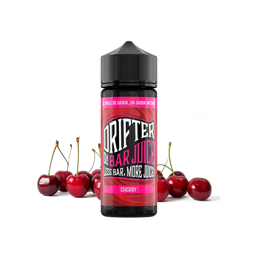 Bote Drifter Bar Juice Cherry con tapón negro y etiqueta roja y rosa, colocado delante de varias cerezas sobre fondo blanco.