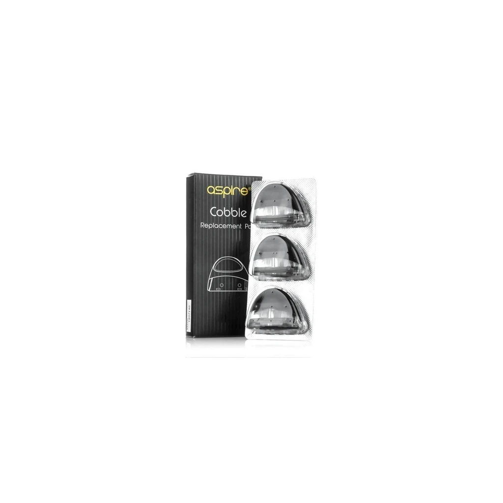 Cartuchos Aspire Cobble en un blíster vertical, junto a su caja negra, sobre fondo blanco. Cartuchos Aspire Cobble en un blíster vertical, junto a su caja negra, sobre fondo blanco.