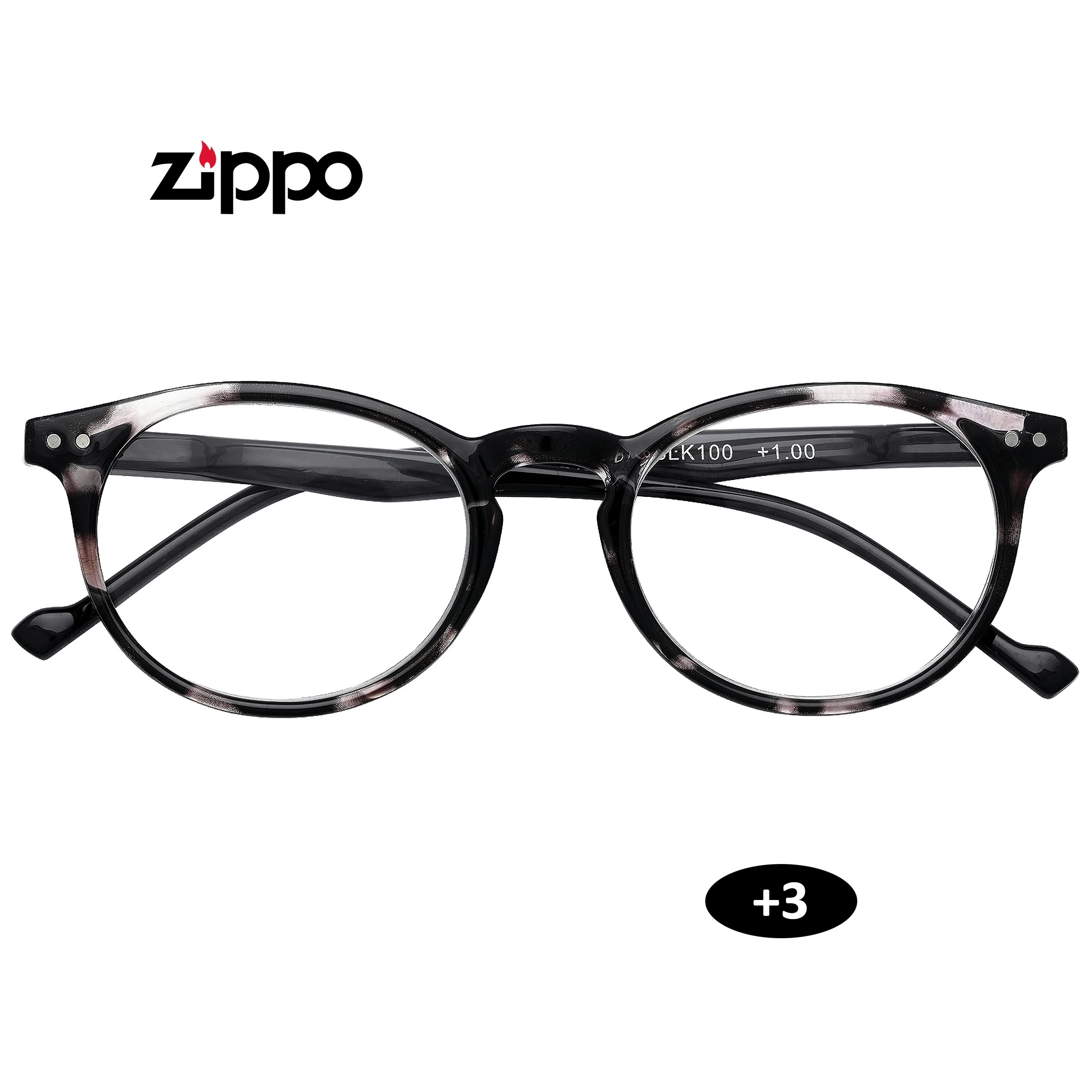 Gafas Zippo de montura redondeada oscura, vistas de frente sobre fondo blanco, con distintivo +3 y una inscripción +1.00 en la patilla.