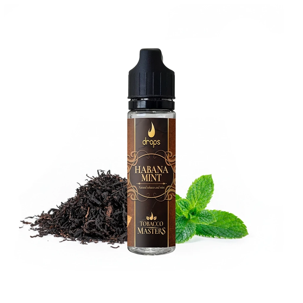 Frasco Drops Tobacco Masters Habana Mint con tapón negro y etiqueta marrón y dorada, junto a tabaco y hojas de menta.