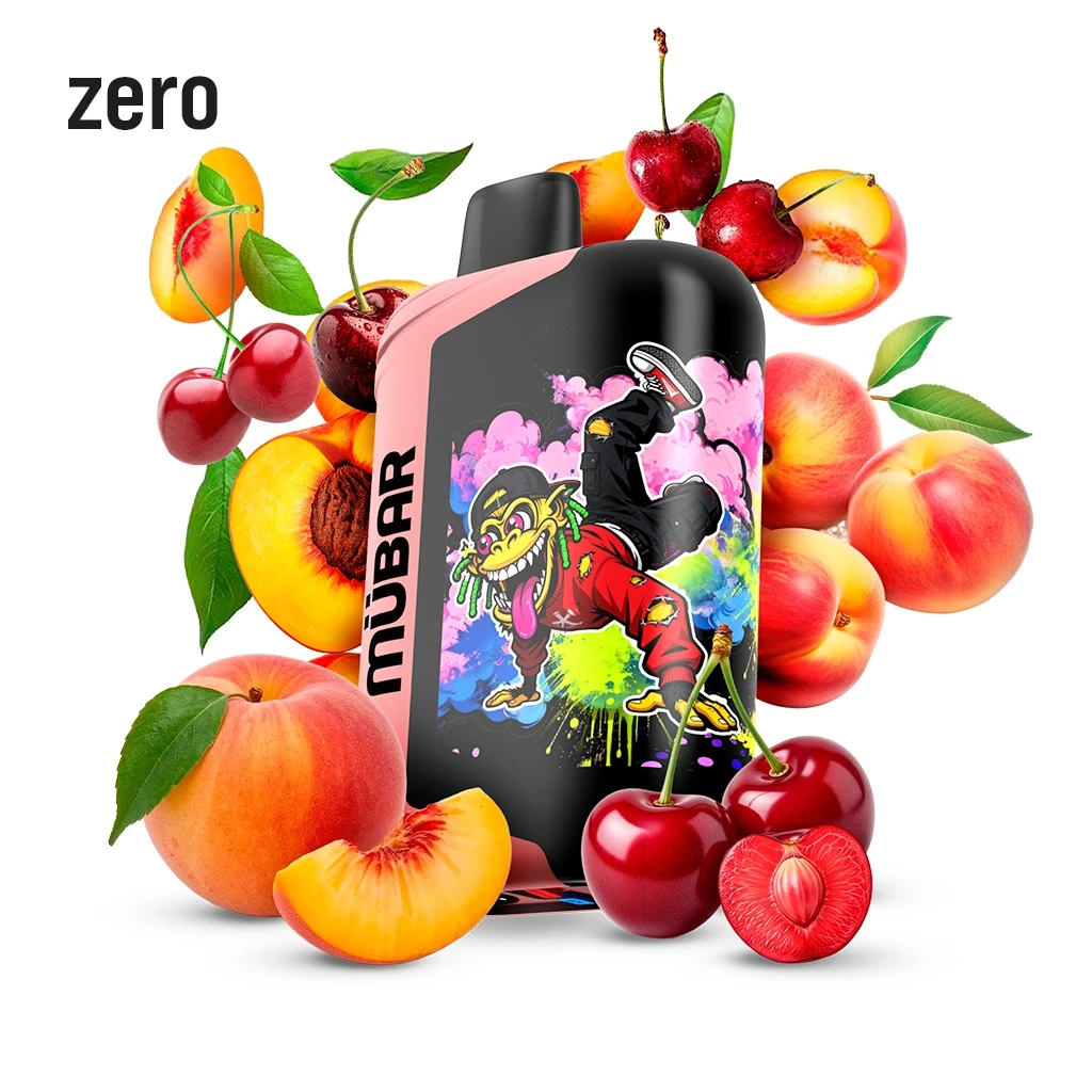 Vaper Mübar Eden Beast Cherry Peach negro y rosa, con un personaje ilustrado, rodeado de cerezas y melocotones y con el texto «zero».