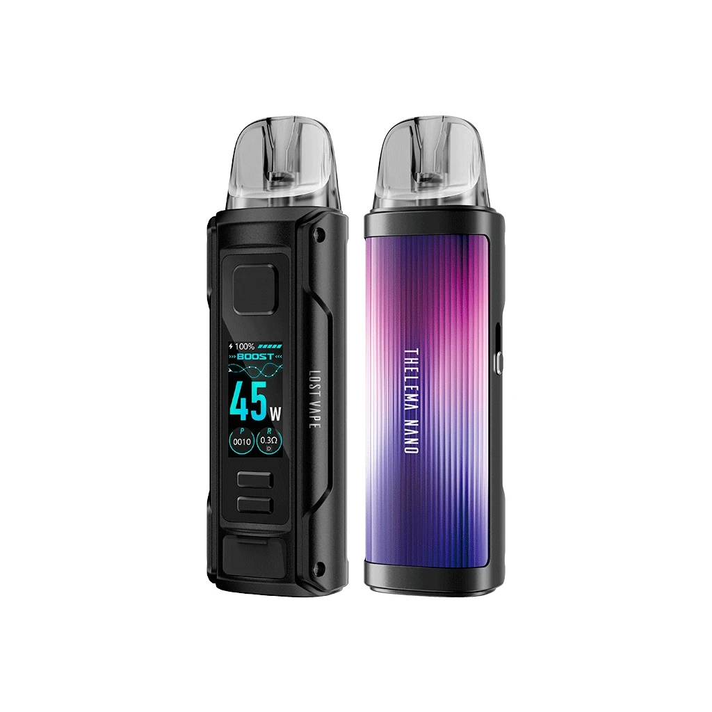 Vistas del Lost Vape Thelema Nano con boquilla transparente, pantalla que indica 45 W y panel estriado en degradado violeta y azul.