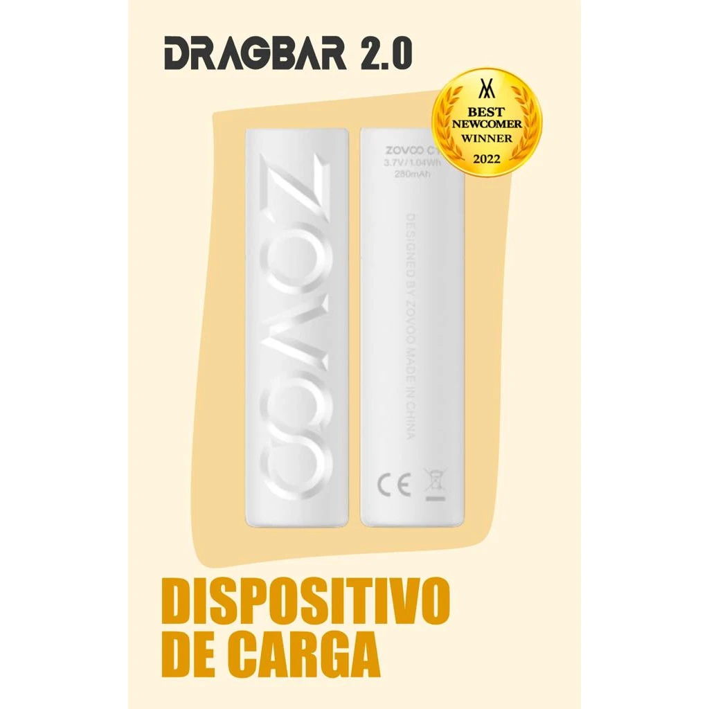 Dispositivo Dragbar 2.0 blanco mostrado por delante y por detrás, sobre fondo crema con el texto «Dispositivo de carga».