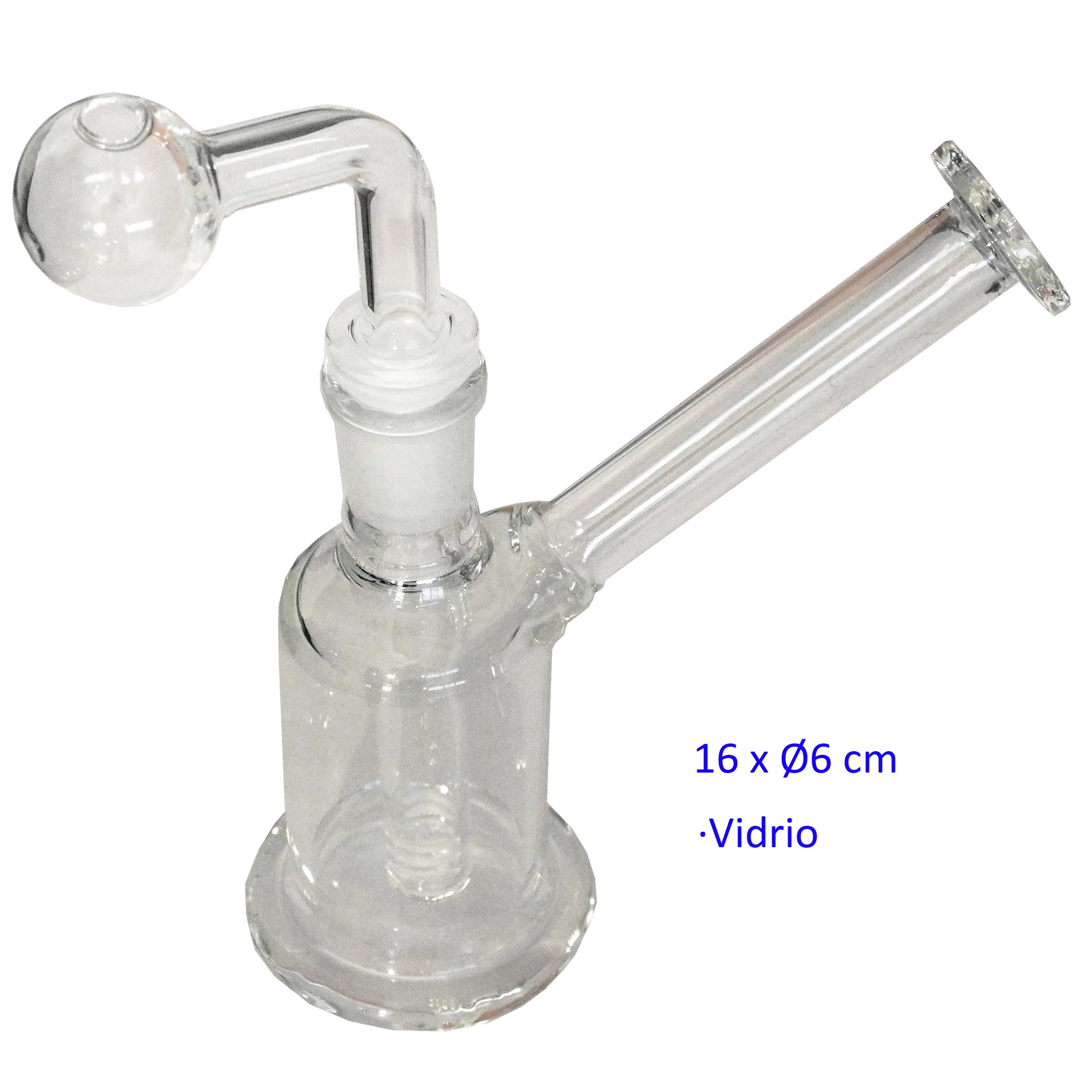 Bong de cristal transparente con base circular, percolador interior, boquilla lateral inclinada y cazoleta esférica con tubo curvado.