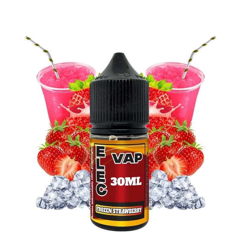 Bote de aroma Frozen Strawberry de Elecvap de 30 ml, con tapón negro, rodeado de fresas, cubitos de hielo y bebidas rosas.