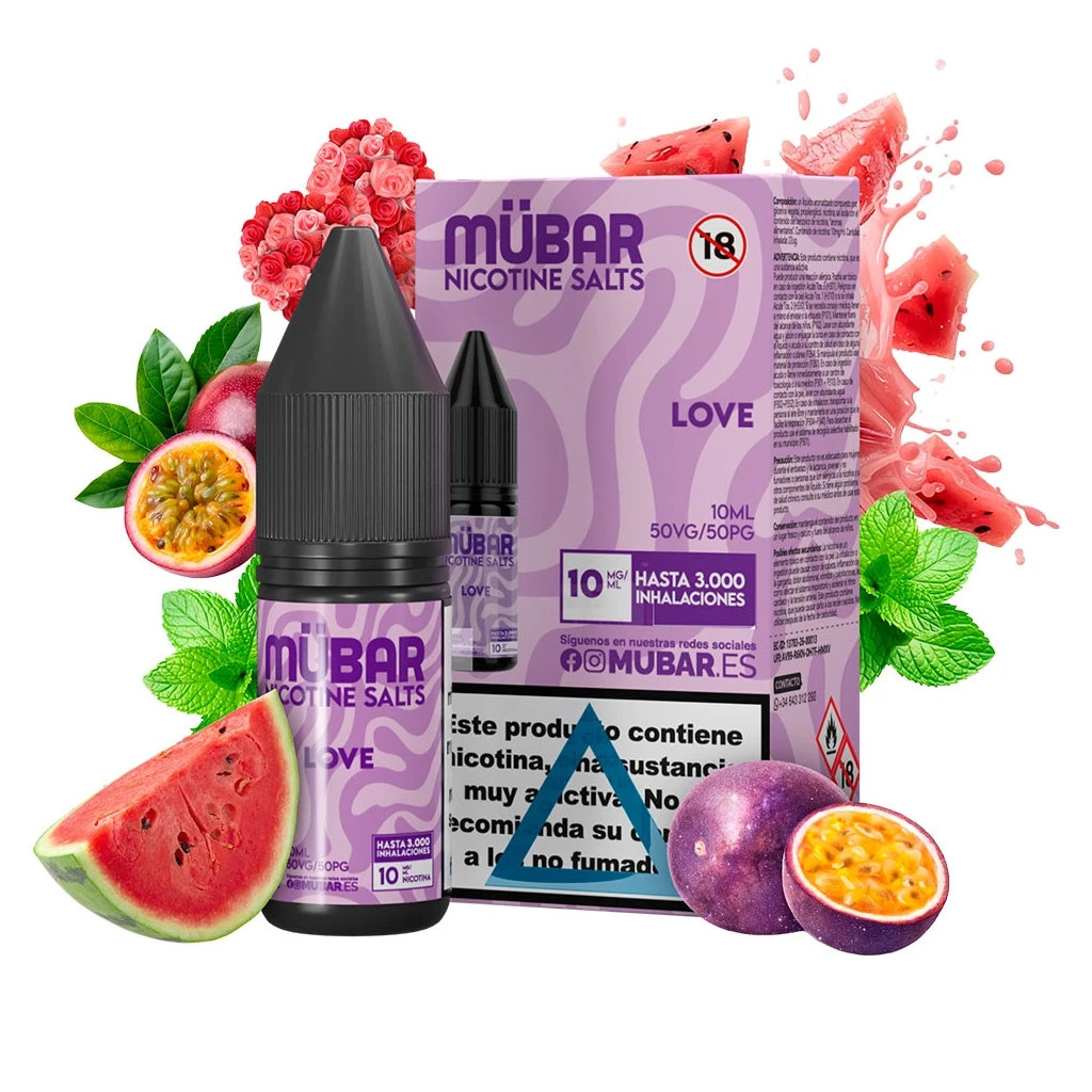 Bote y caja lila de Mübar Salts Love de 10 ml, con tapón negro, rodeados de sandía, maracuyá, hojas verdes y rosas.