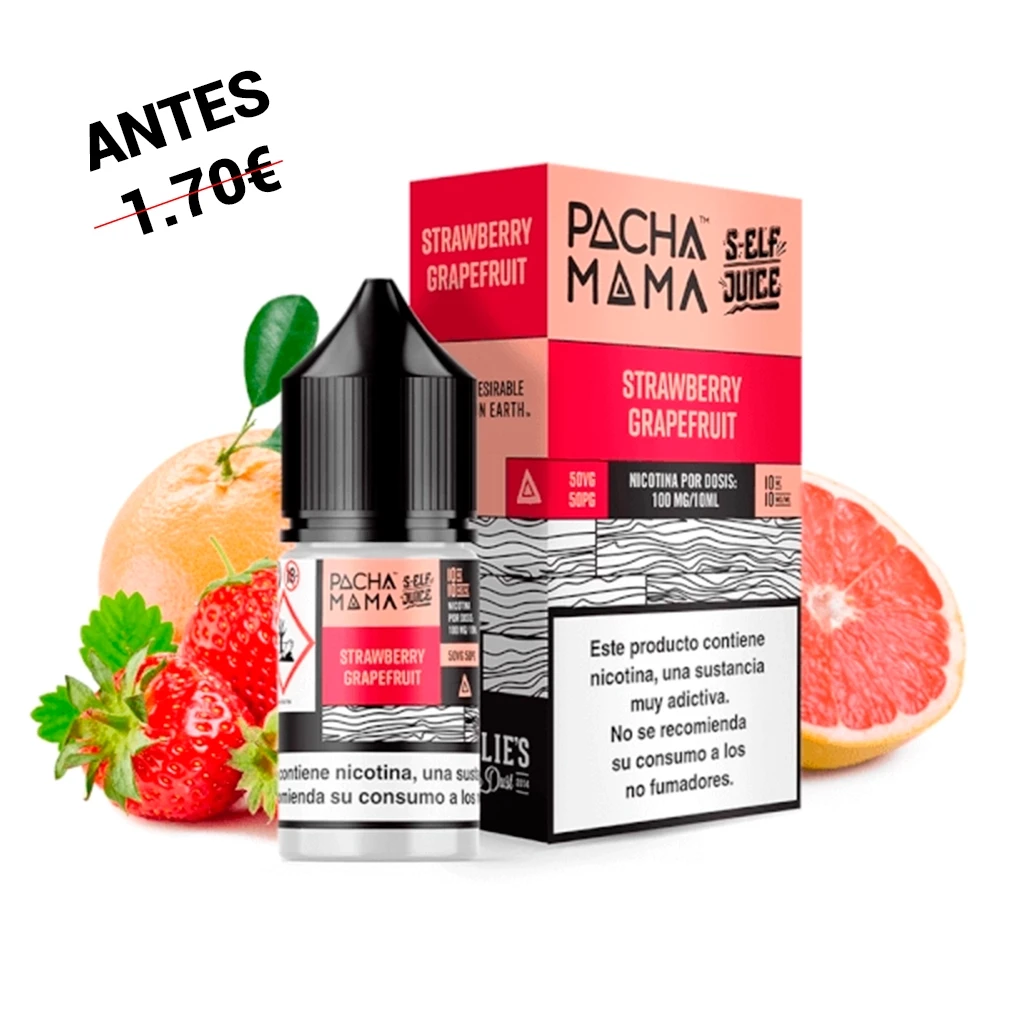 Frasco y caja de Pachamama Self Juice Salts Strawberry Grapefruit, con fresas y pomelo alrededor y advertencia sobre nicotina en el envase.