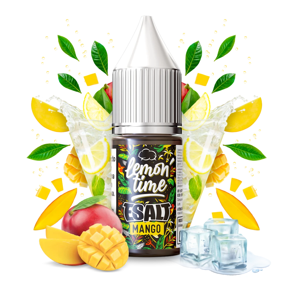 Frasco Lemon Time E-salt Mango con tapón blanco, rodeado de mangos, rodajas de limón, hojas y cubitos de hielo sobre fondo negro.