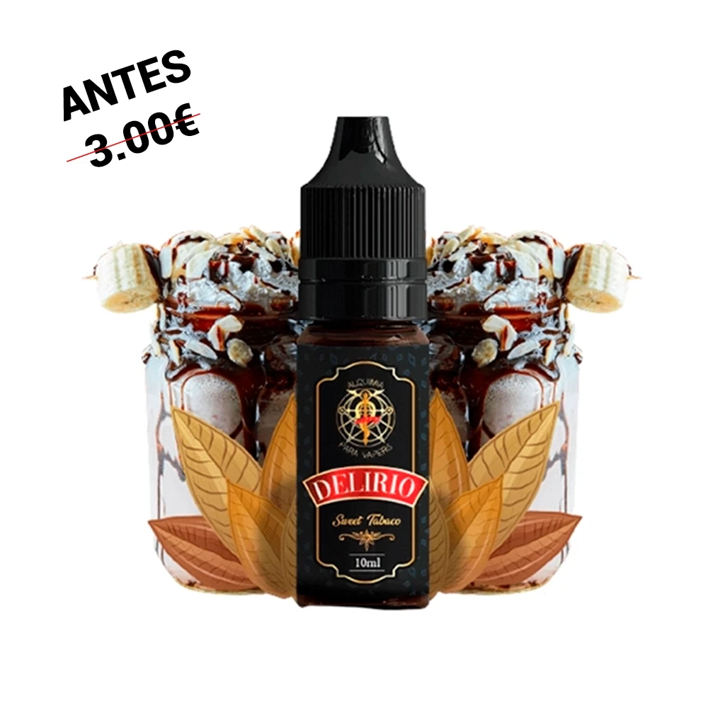 Frasco Delirio Sweet Tabaco de 10 ml con tapón negro, ante hojas de tabaco ilustradas y vasos con nata, chocolate y trozos de plátano.