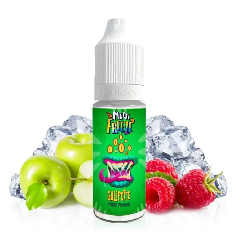 Frasco de Galipette Multi Freeze Liquideo con etiqueta verde y tapón blanco, rodeado de manzanas verdes, frambuesas y cubitos de hielo.