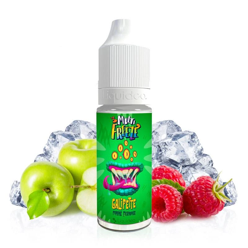 Frasco de Galipette Multi Freeze Liquideo con etiqueta verde y tapón blanco, rodeado de manzanas verdes, frambuesas y cubitos de hielo.