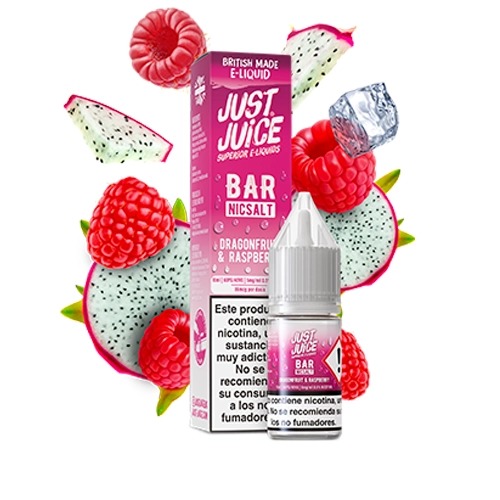 Frasco y caja rosa de Just Juice Bar Salts Dragon Fruit Raspberry, con frambuesas, trozos de pitahaya y un cubito de hielo alrededor.