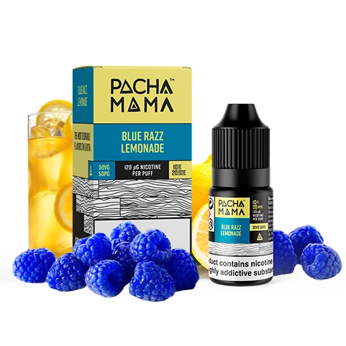 Frasco y caja de Pachamama Blue Razz Lemonade, con etiquetas amarillas y turquesas, rodeados de frambuesas azules y un vaso con limón.