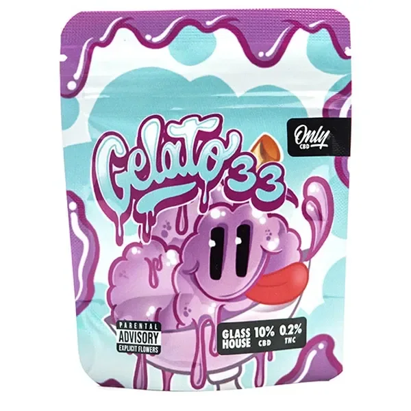 Bolsa de Only CBD Gelato 33 con diseño turquesa y morado, un personaje de helado y las indicaciones 10 % CBD y 0,2 % THC.