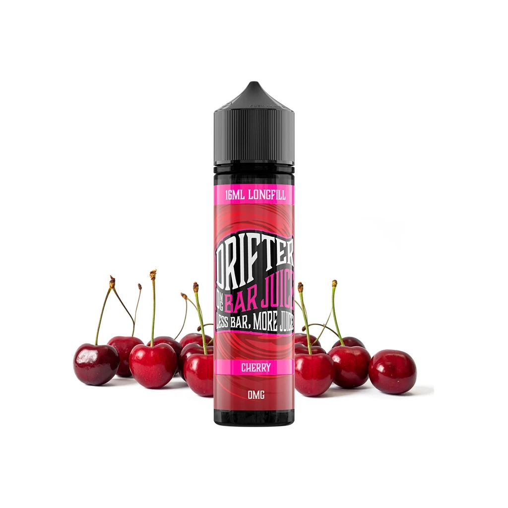 Botella Drifter Bar Cherry Longfill con tapón negro y etiqueta roja y rosa, marcada 16 ml y 0 mg, rodeada de cerezas.