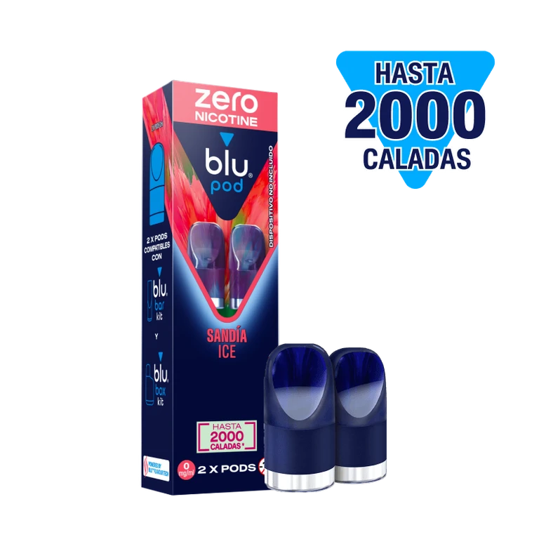 Caja Blu de pods Sandía Ice y recambios azules sobre fondo negro, con los textos «zero nicotine» y «hasta 2000 caladas».