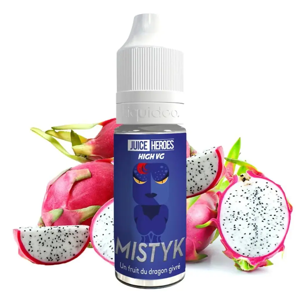 Frasco de e-líquido MISTYK con tapón blanco y etiqueta azul con un personaje ilustrado, rodeado de pitayas enteras y cortadas.