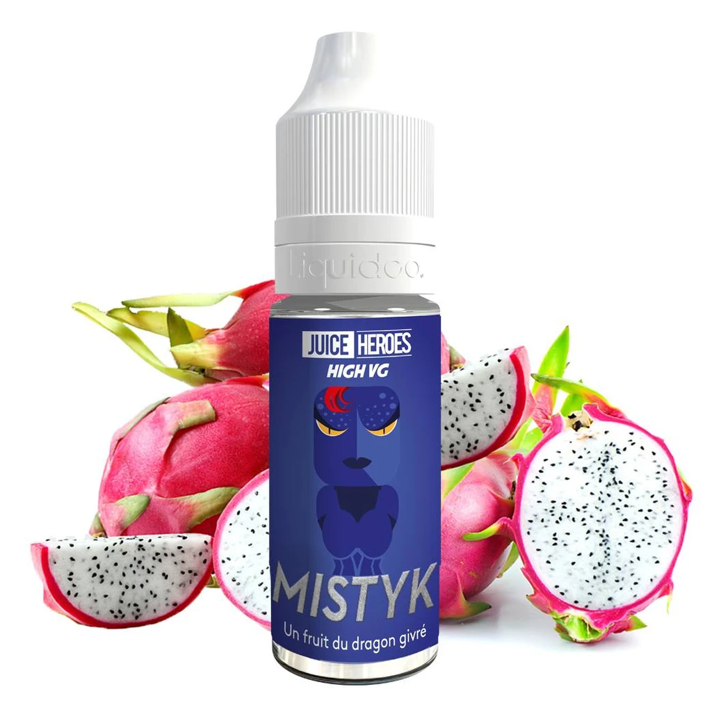 Frasco de e-líquido MISTYK con tapón blanco y etiqueta azul con un personaje ilustrado, rodeado de pitayas enteras y cortadas.