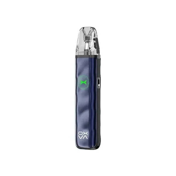 Oxva Xlim Go 2 Pod Kit azul oscuro, en posición vertical, con boquilla transparente, símbolo verde frontal y logotipo blanco.
