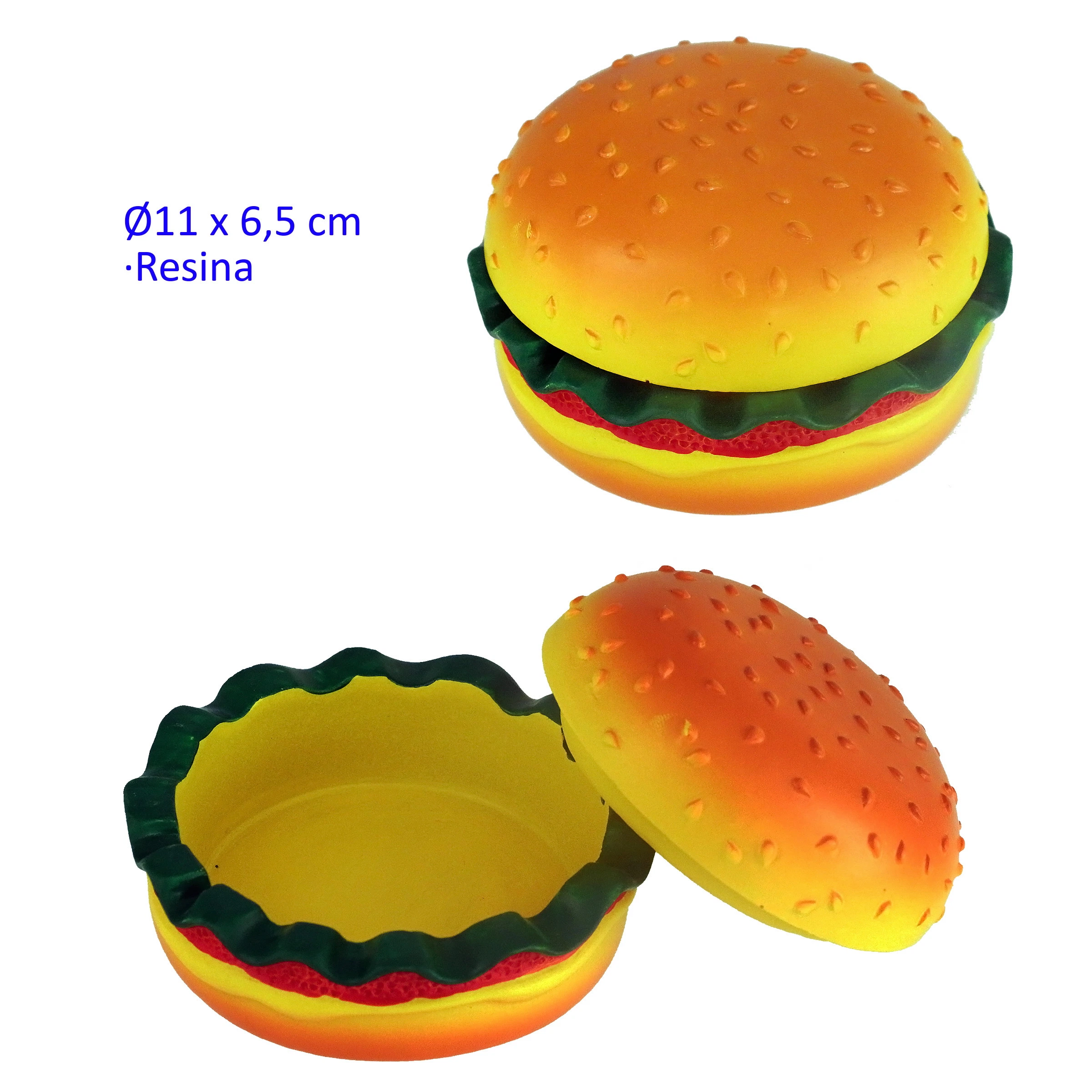 Cenicero con forma de hamburguesa y lechuga verde oscura, mostrado cerrado y abierto con la tapa de pan a un lado.