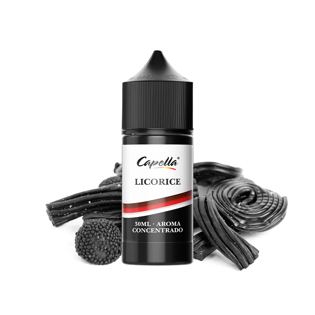 Frasco de aroma Capella Licorice de 30 ml, con tapón negro y etiqueta blanca y roja, rodeado de dulces de regaliz.