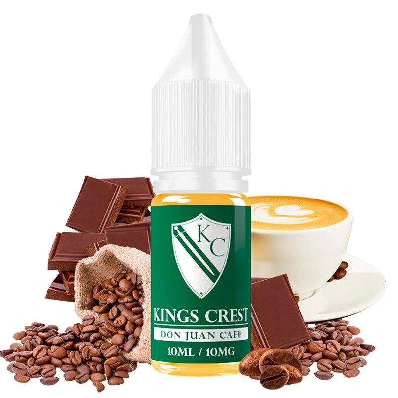 Frasco Don Juan Café Kings Crest con etiqueta verde de 10 ml y 10 mg, junto a una taza de café, granos y tabletas de chocolate.